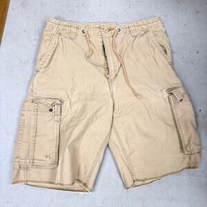Y2K Buckle BKE Mens 33 Distressed Thick Stitch Baggy Fit Cargo Shorts Tan Cotton